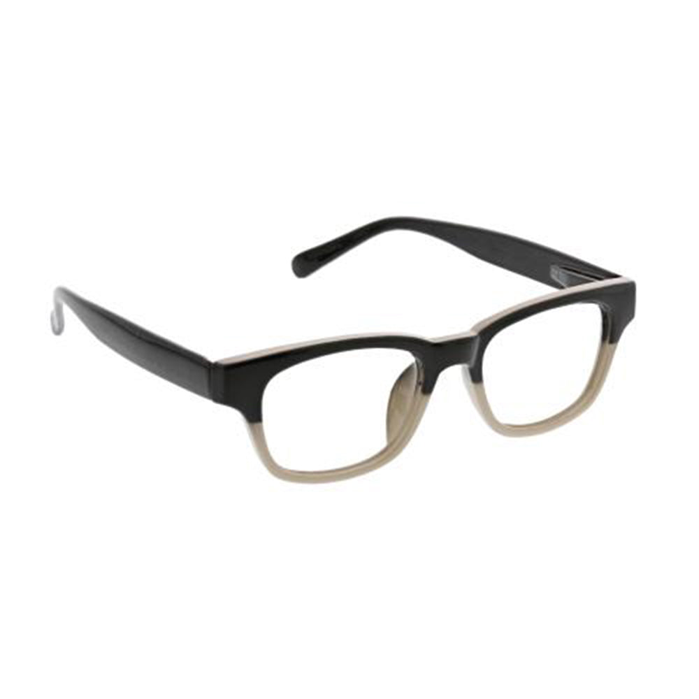 Black and beige eyeglasses on a white background