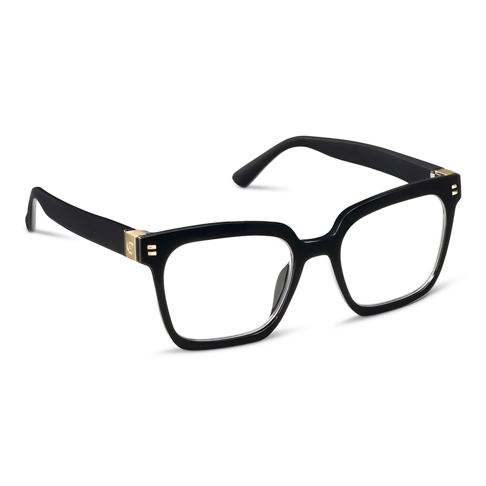 Black eyeglasses with gold accents on a white background