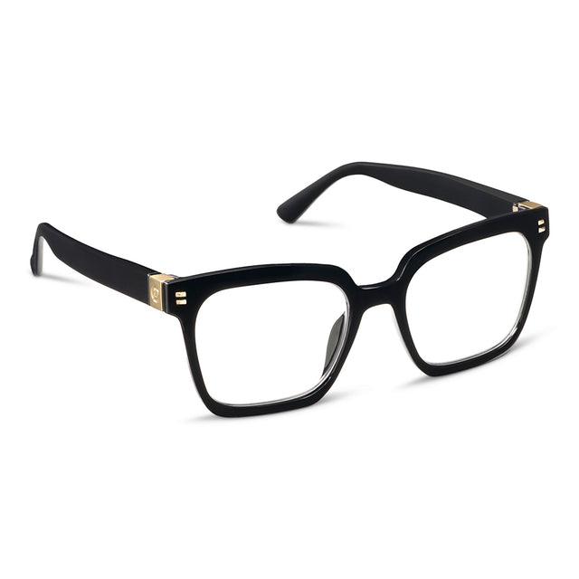 Black eyeglasses with gold accents on a white background