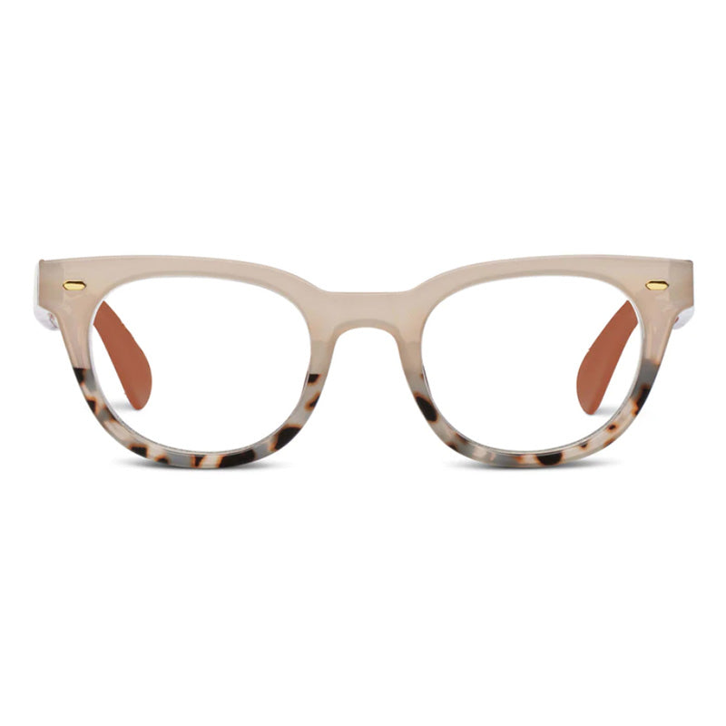 A pair of beige, tan, and gray tortoise-patterned reading glasses with gold accents on the arms.