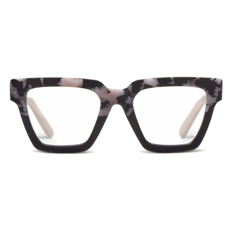 A pair of square-shaped, black marble pattern reading glasses with contrasting animal prints.