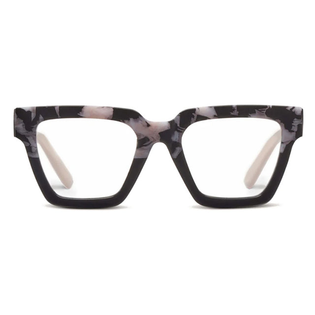 A pair of square-shaped, black marble pattern reading glasses with contrasting animal prints.
