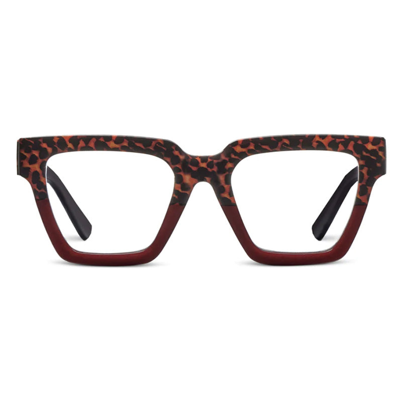 A pair of Peepers Take A Bow Leopard Tortoise Red reading glasses with a square-shaped frame and red accents.