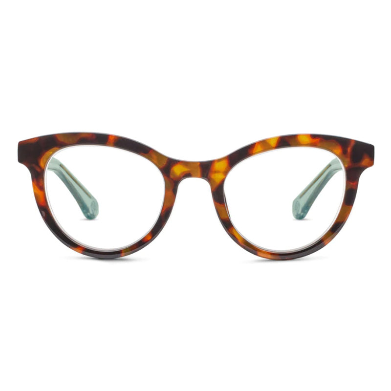 Eyeglasses with tortoiseshell frame and green arms on a white background