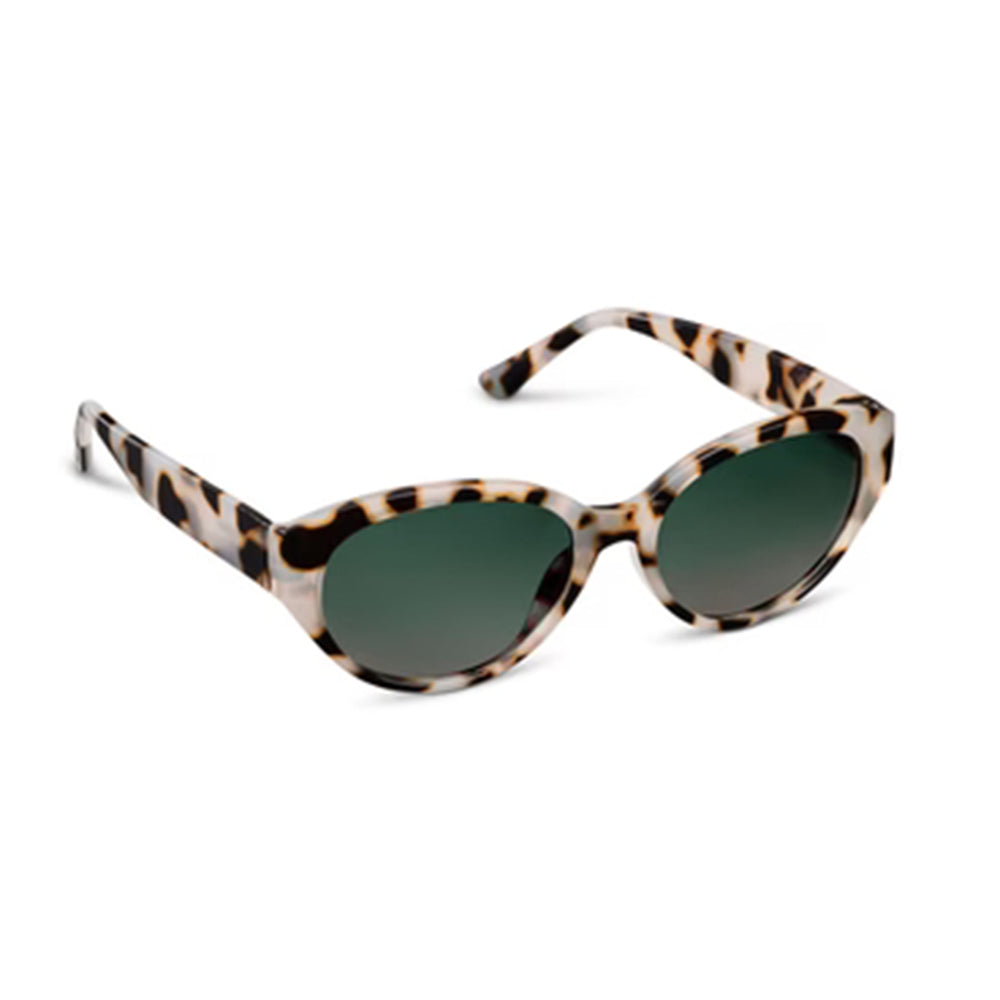 Sunglasses with tortoiseshell frame and dark lenses on a white background