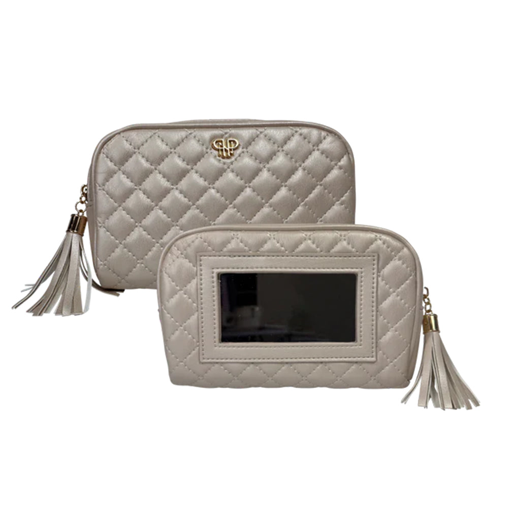 Two beige quilted bags with tassels on a white background