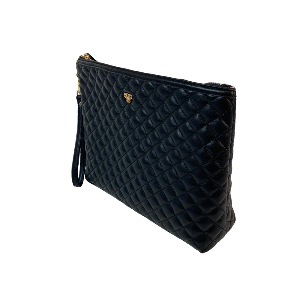 Black quilted clutch bag with a gold zipper on a white background