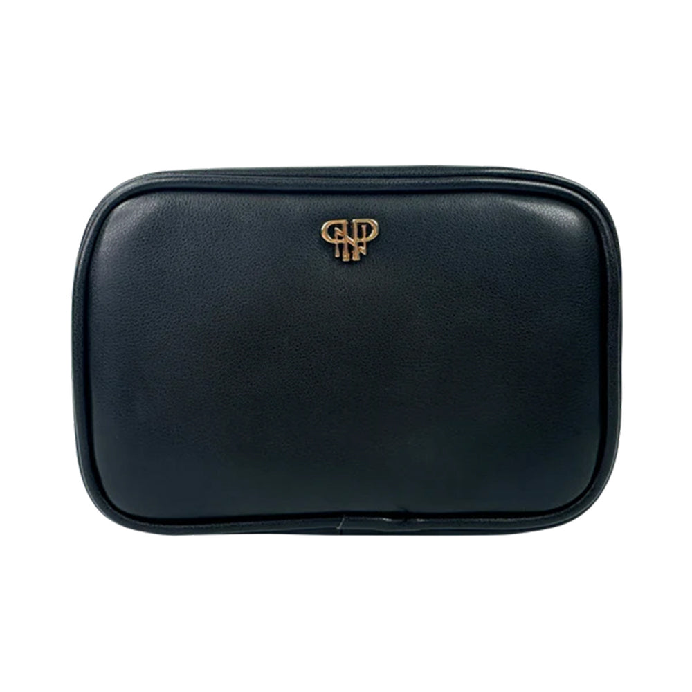 Black leather pouch with a gold logo on a white background