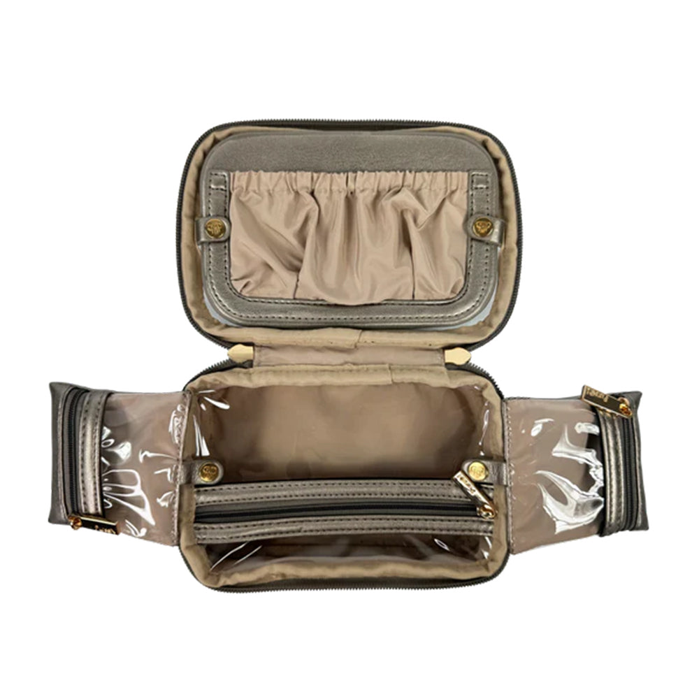 Open beige travel bag with clear plastic wrap on a white background