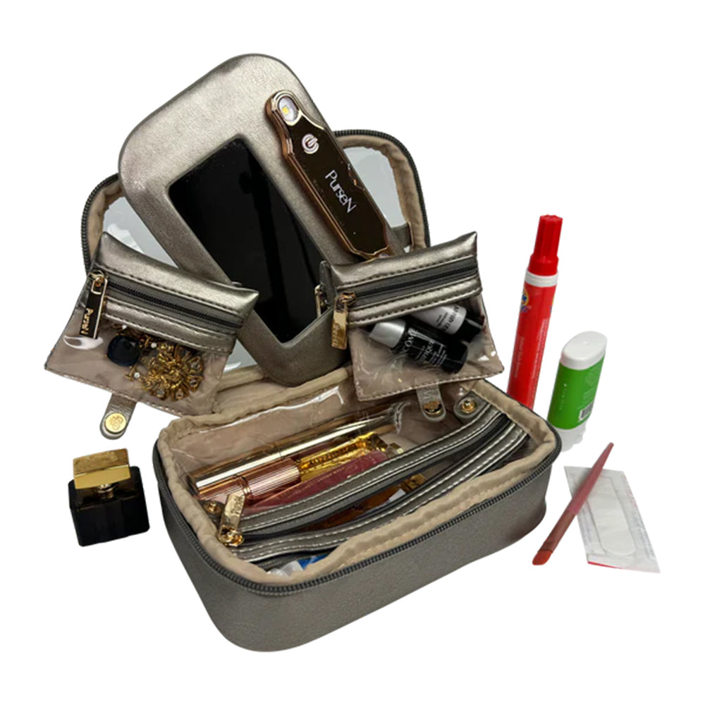 Open makeup bag with various items on a white background