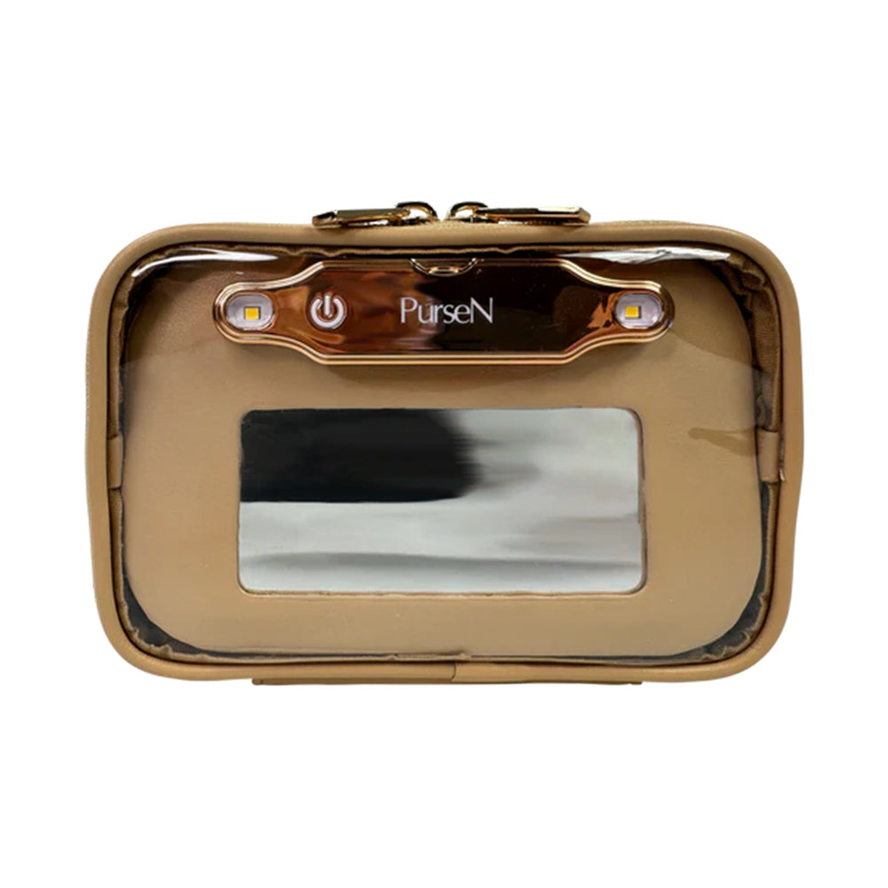 Clear pouch with gold frame and 'PurseN' branding on a white background