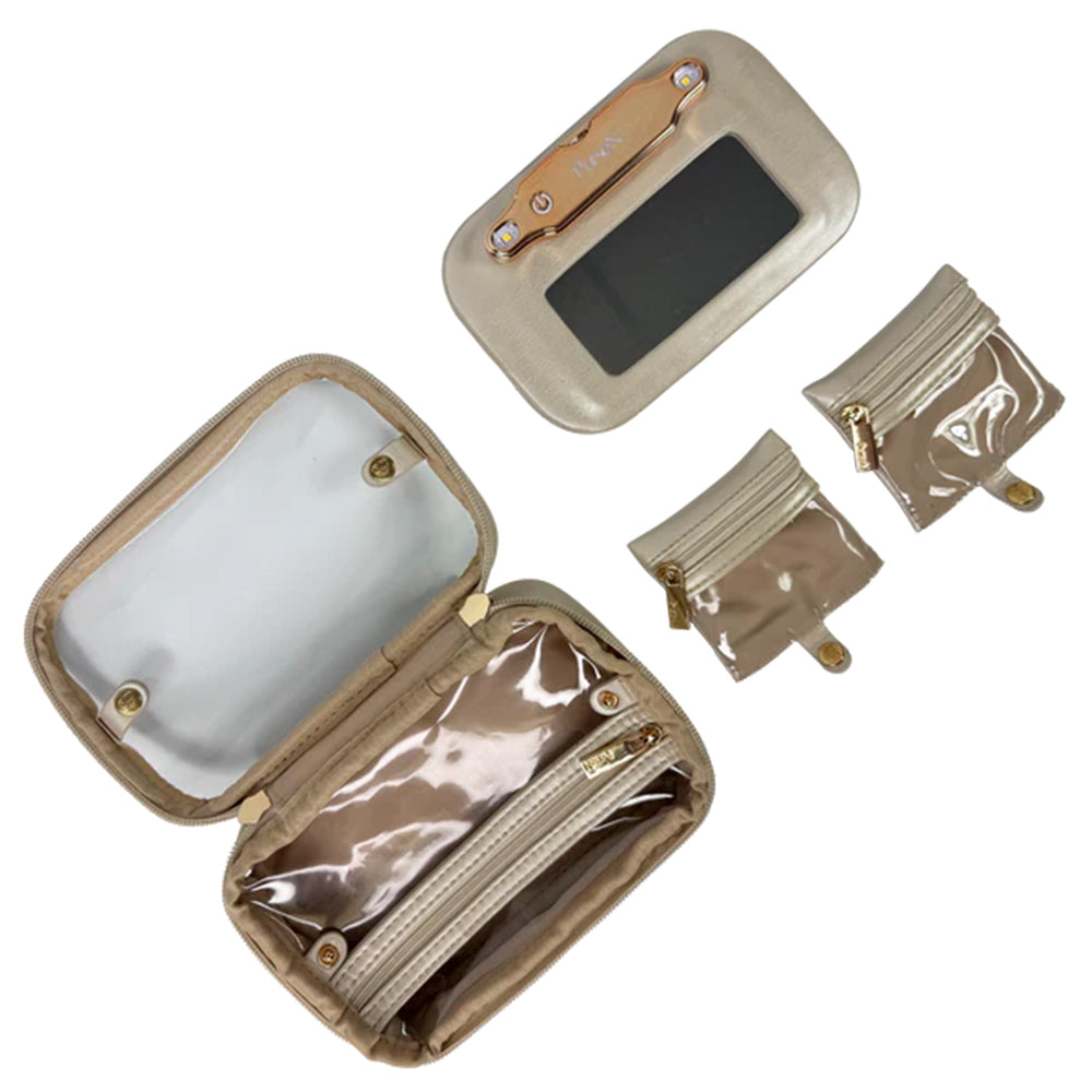 Beige travel organizer with multiple compartments on a white background