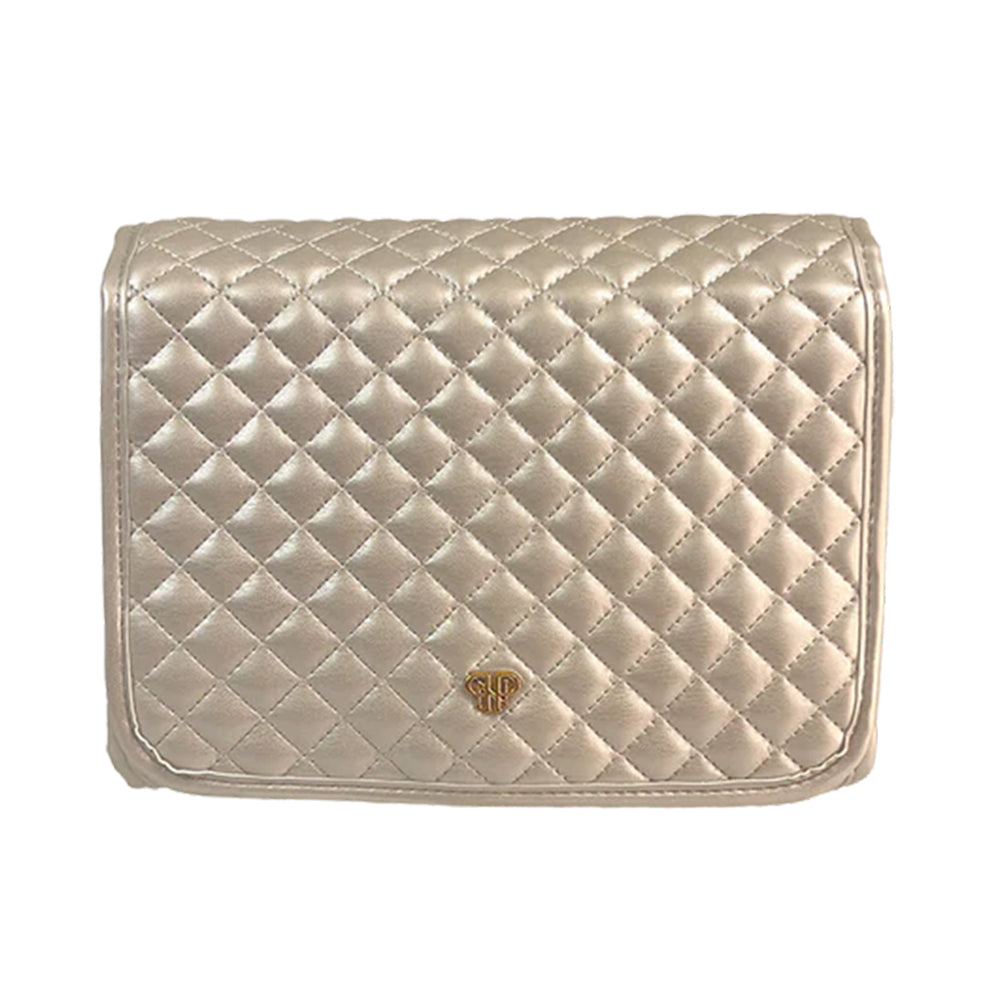 Quilted beige handbag with a brand logo on a white background