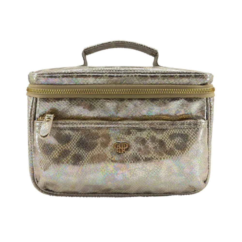 Leopard print travel bag with gold zipper on a white background
