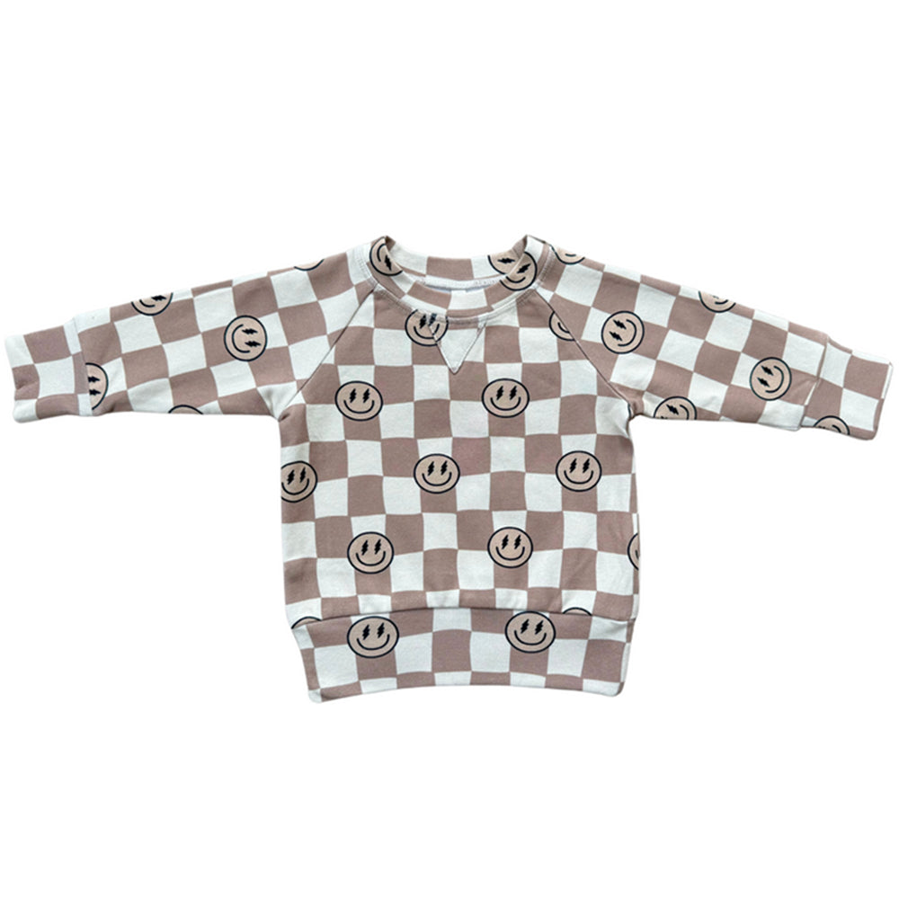 Checkered shirt with smiley face patterns on a white background