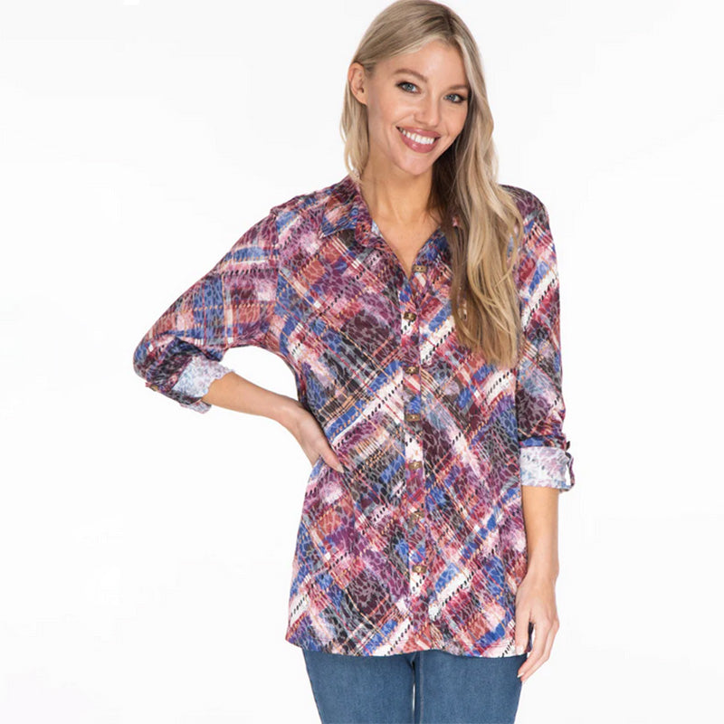 Multiples Harvest Roll Tab Long Sleeve Button Front Hi-Lo Print Cheetah Knit Shirt