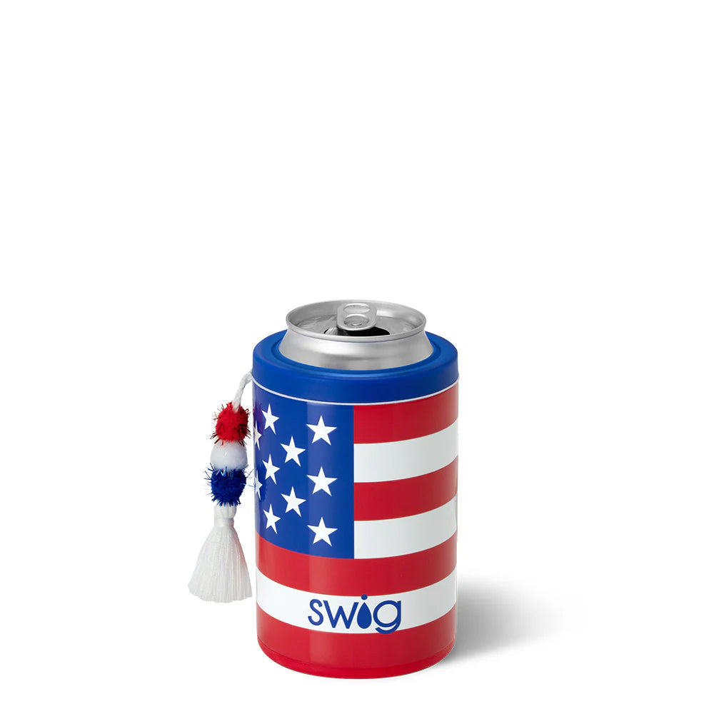 Can cooler with American flag design and 'SWAG' branding on a white background