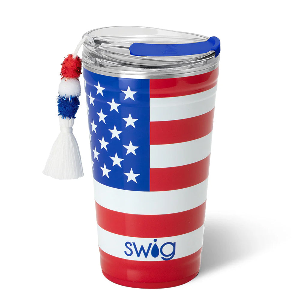 Tumbler with American flag design and 'Swig' branding on a white background