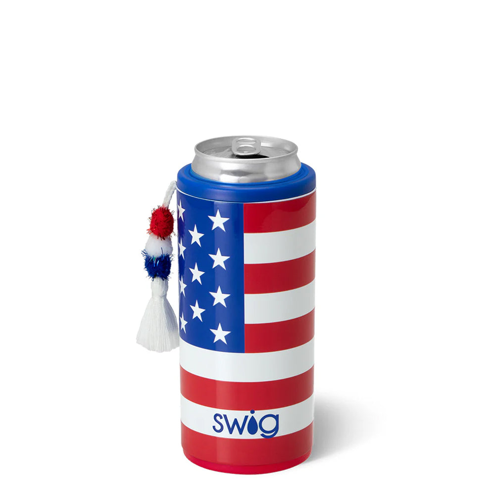 Can cooler with American flag design and 'swig' branding on a white background