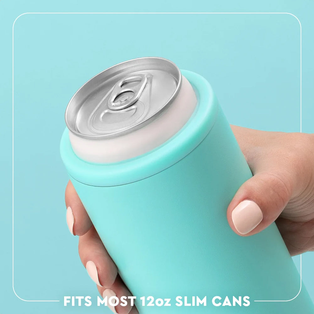 A hand holding a mint green slim can cooler around a 12oz aluminum can, with text at the bottom reading 'FITS MOST 12oz SLIM CANS' on a light blue background.