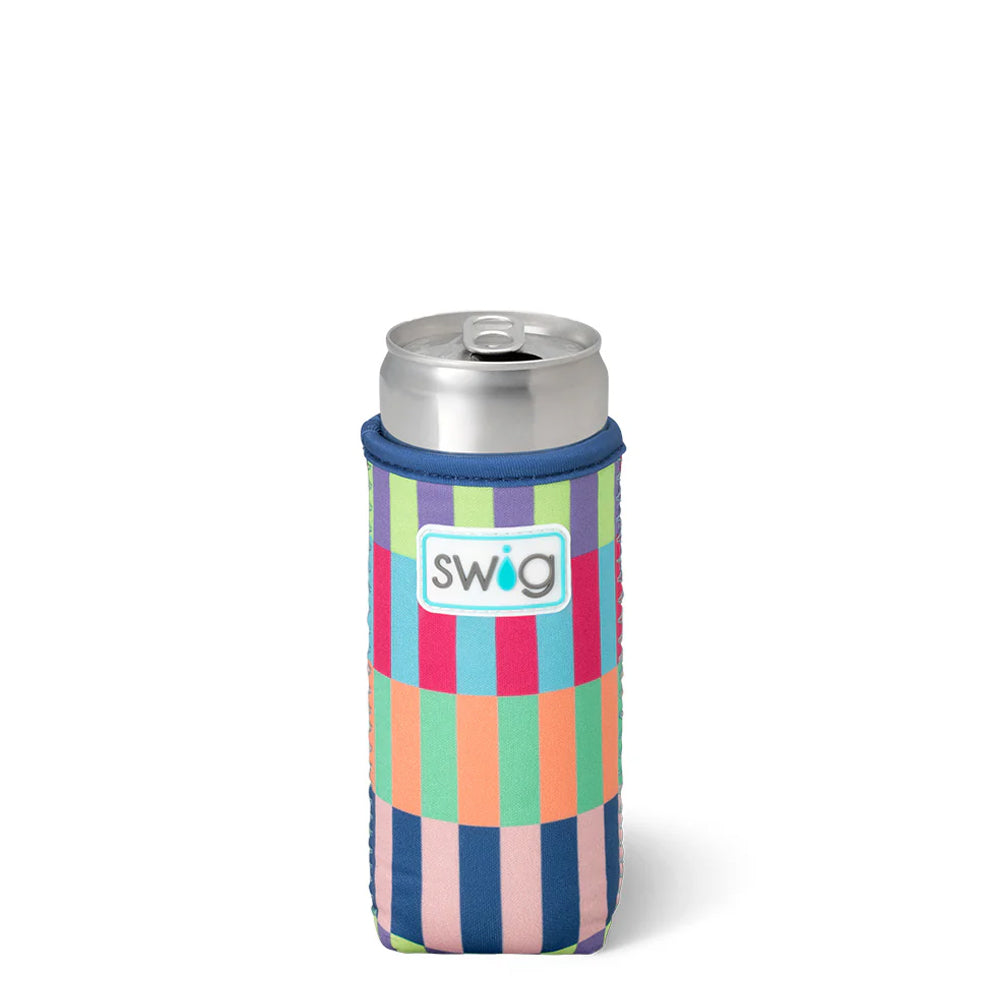 Multicolored striped can cooler with 'swig' logo on a white background