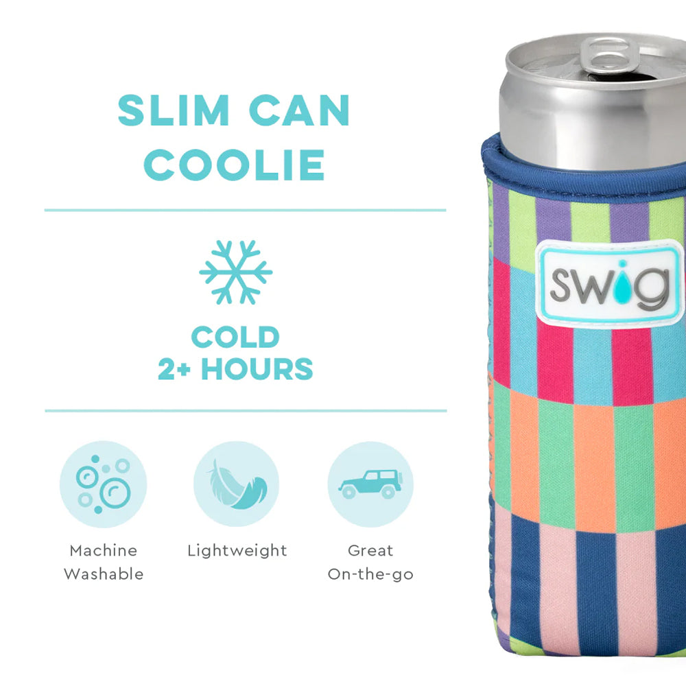 Colorful slim can coolie with swig branding on a white background