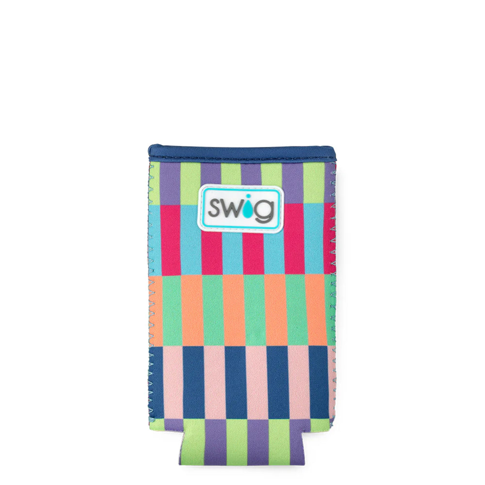 Colorful striped case with 'Swig' logo on a white background