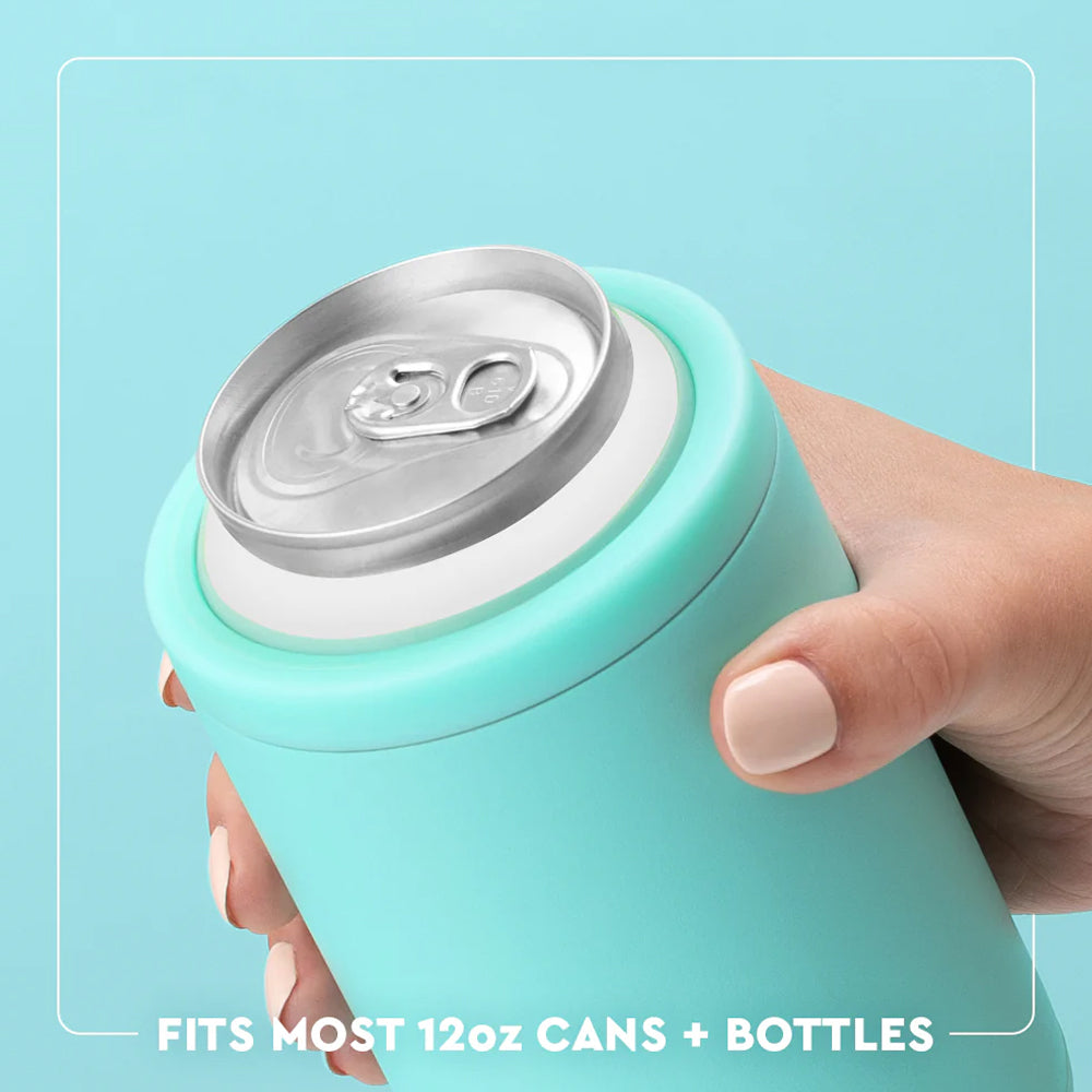 Hand holding a turquoise can cooler with a can inside against a light blue background