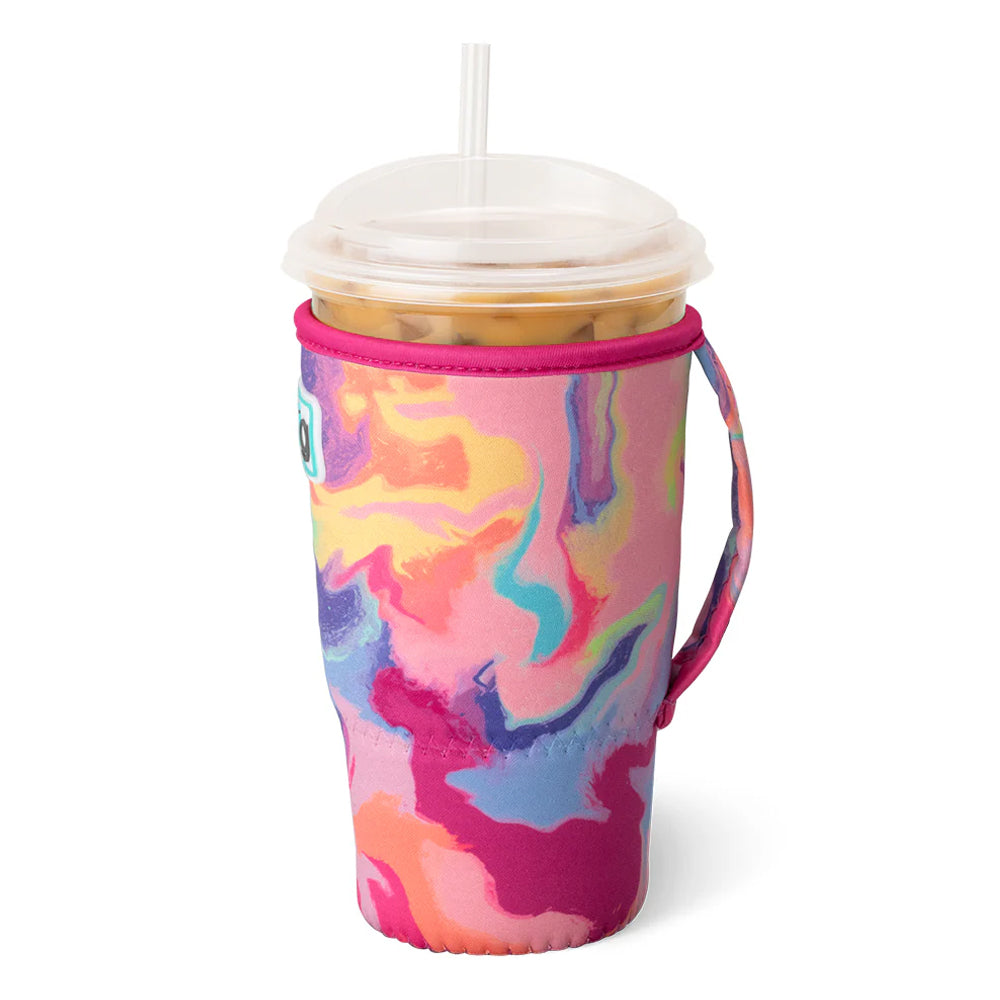 Colorful marbled cup holder with a straw on a white background