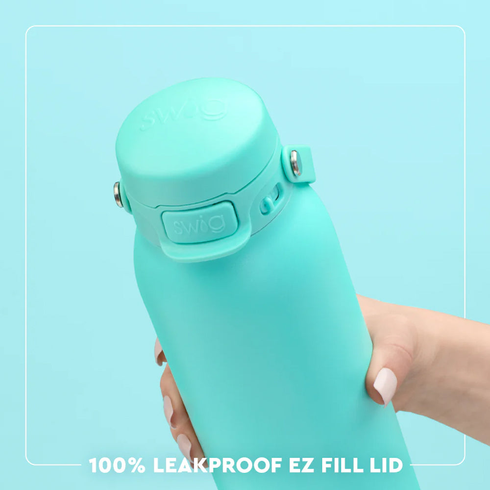 Turquoise water bottle with a leakproof lid held by a hand on a light blue background