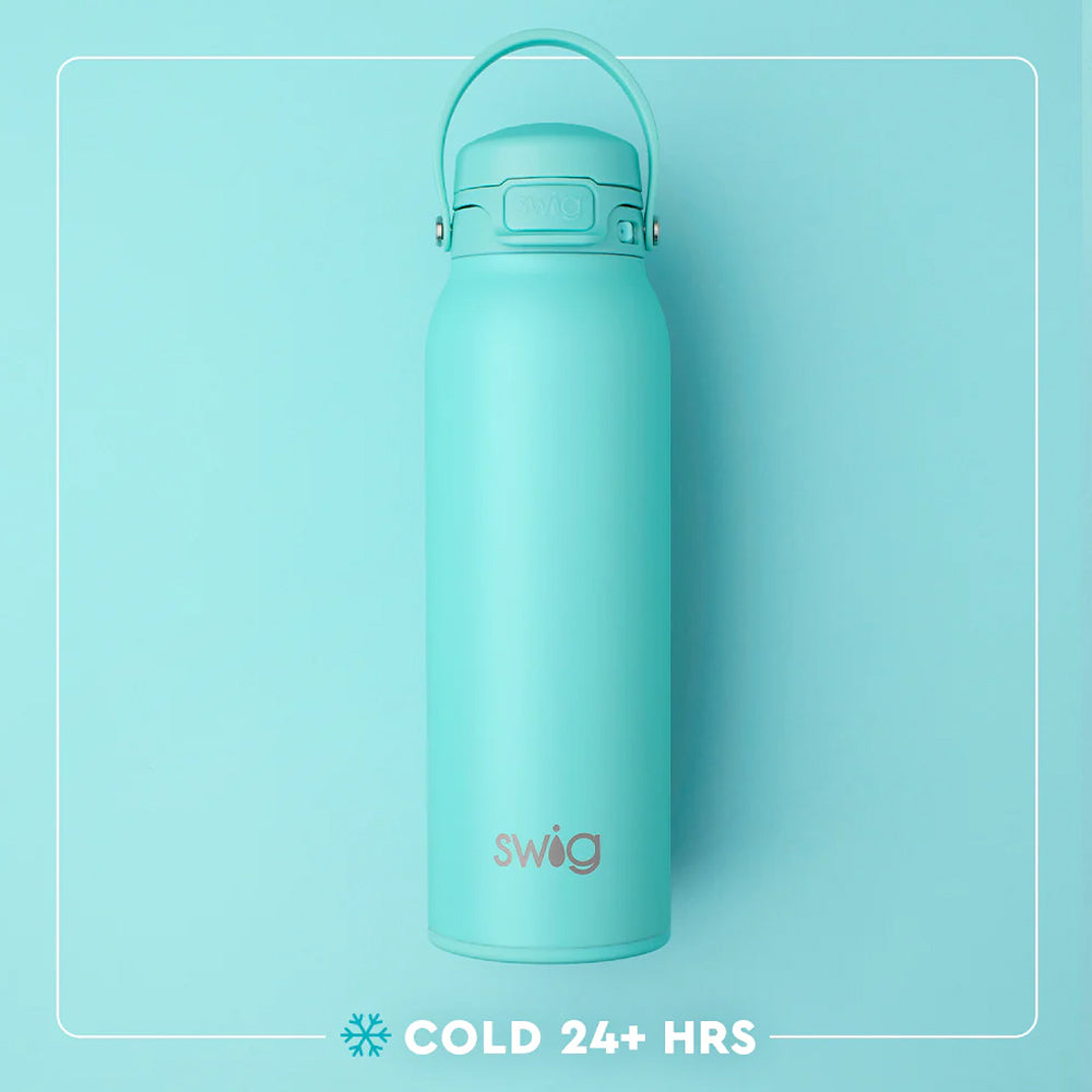 Turquoise Swig water bottle on a light blue background with 'Cold 24+ Hrs' text.