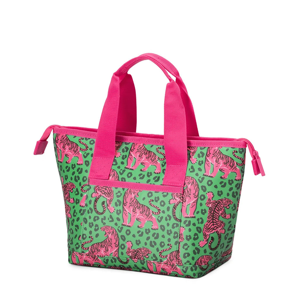 A green and pink insulated tote bag featuring a pink tiger and leopard print pattern, with bright pink handles and zipper trim, shown on a white background.