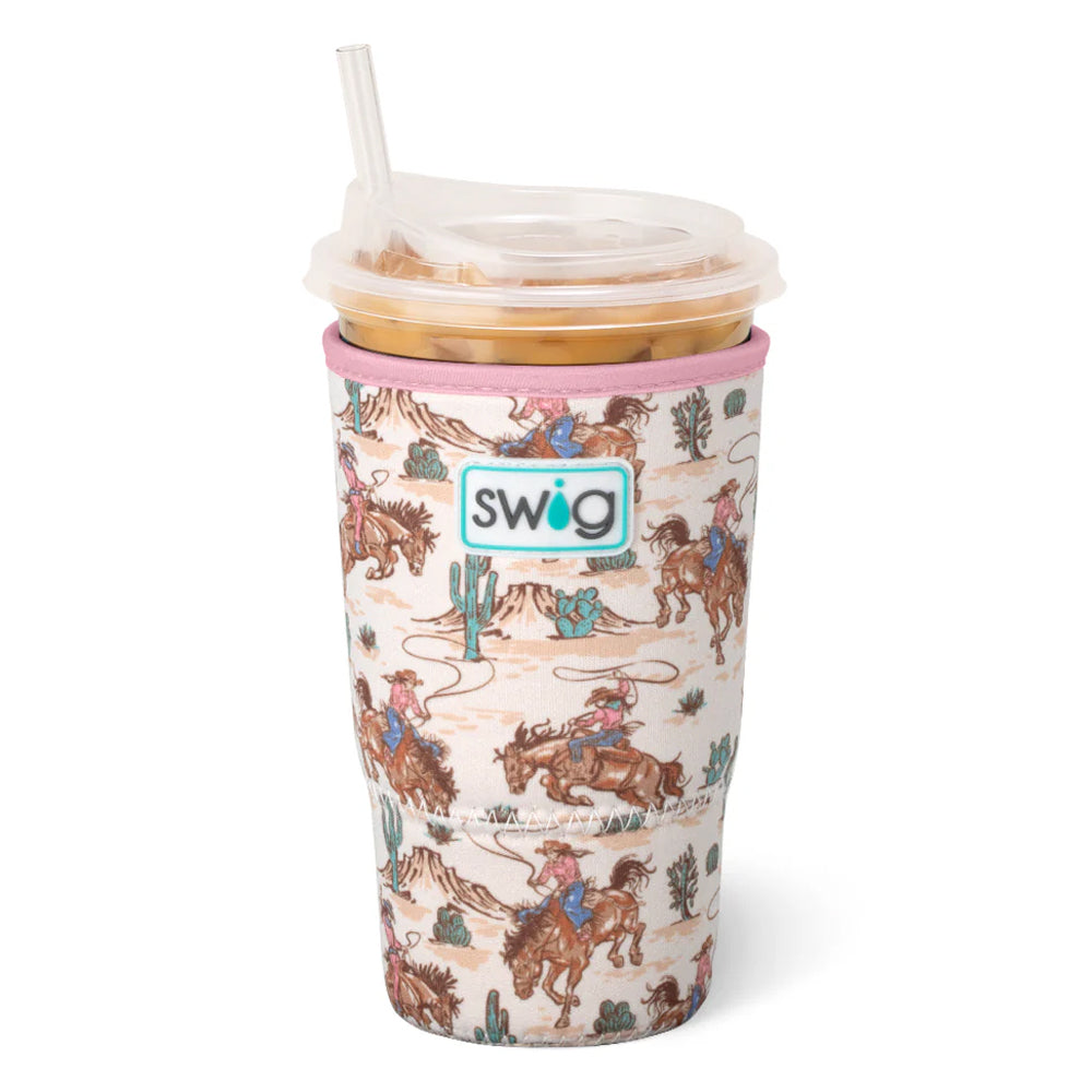 Tumbler with cowboy design and Swig logo on a white background