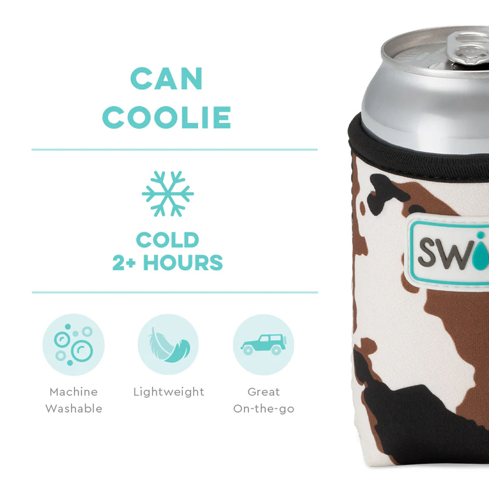 Can cooler with cow print design on a white background, featuring the brand 'SWI'.