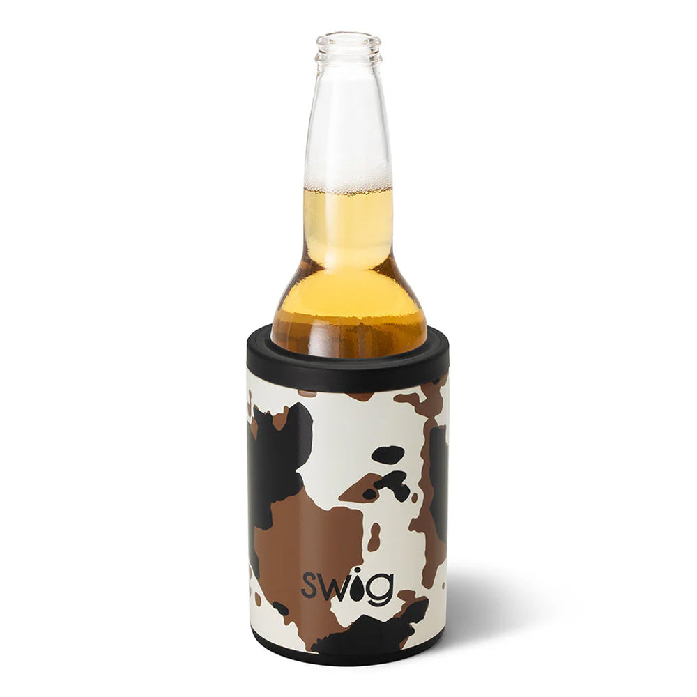 Glass bottle with a cow print swig koozie on a white background
