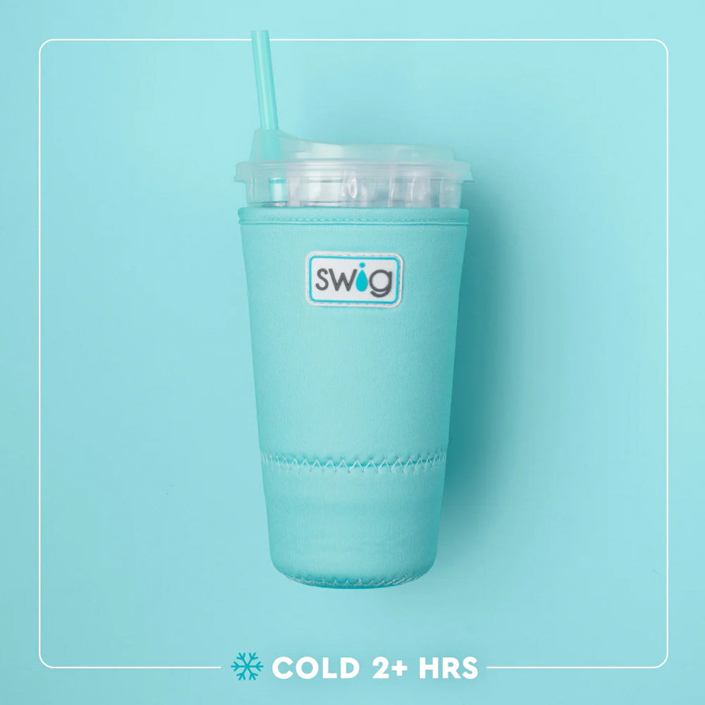 Turquoise tumbler with straw on a light blue background, featuring the Swig brand.