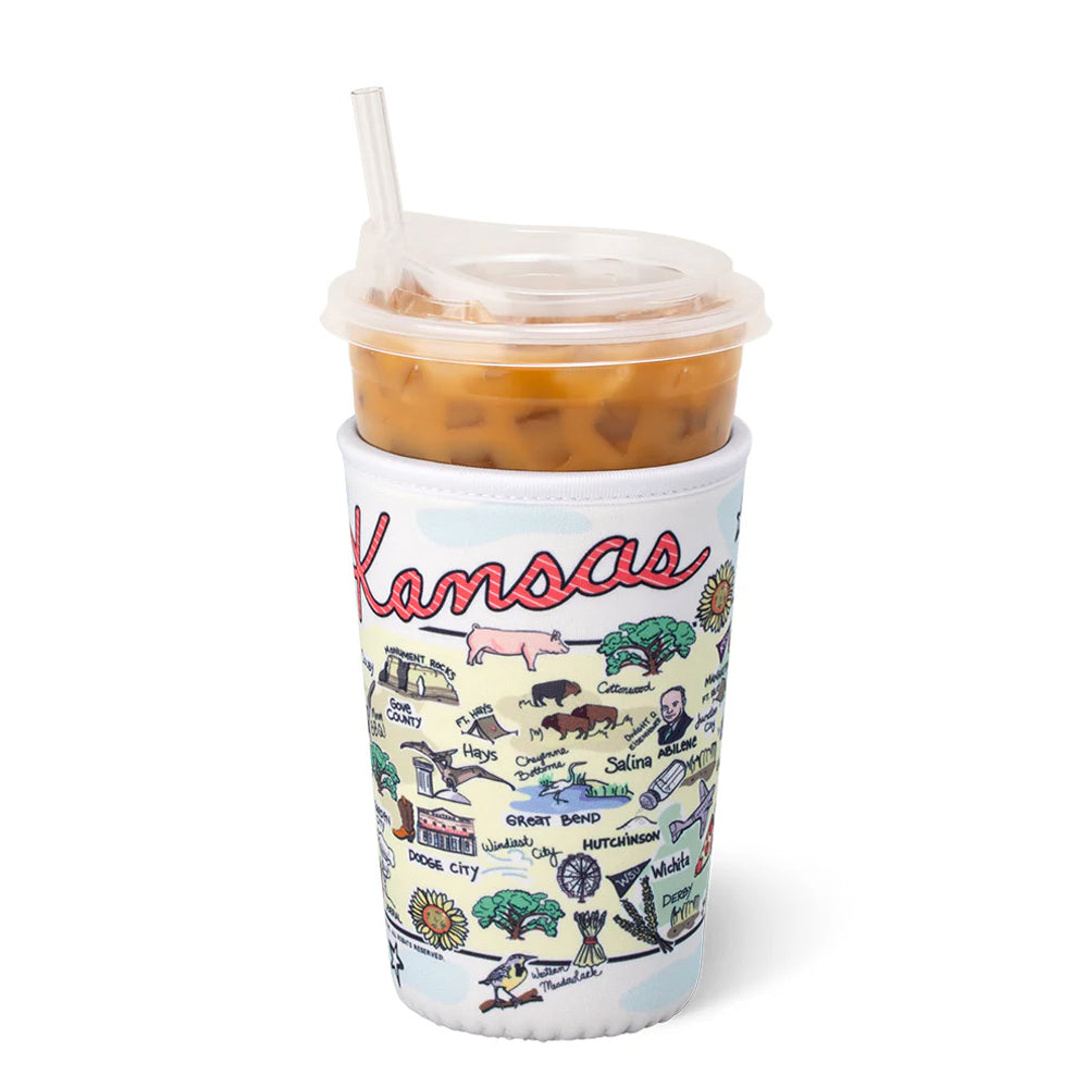 Tumbler with 'Kansas' design and ice coffee on a white background