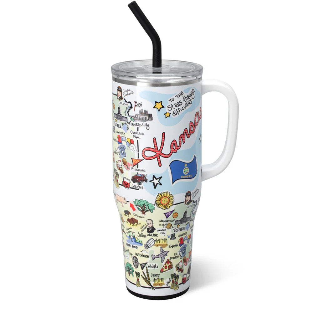 Tumbler with various illustrations and text on a white background