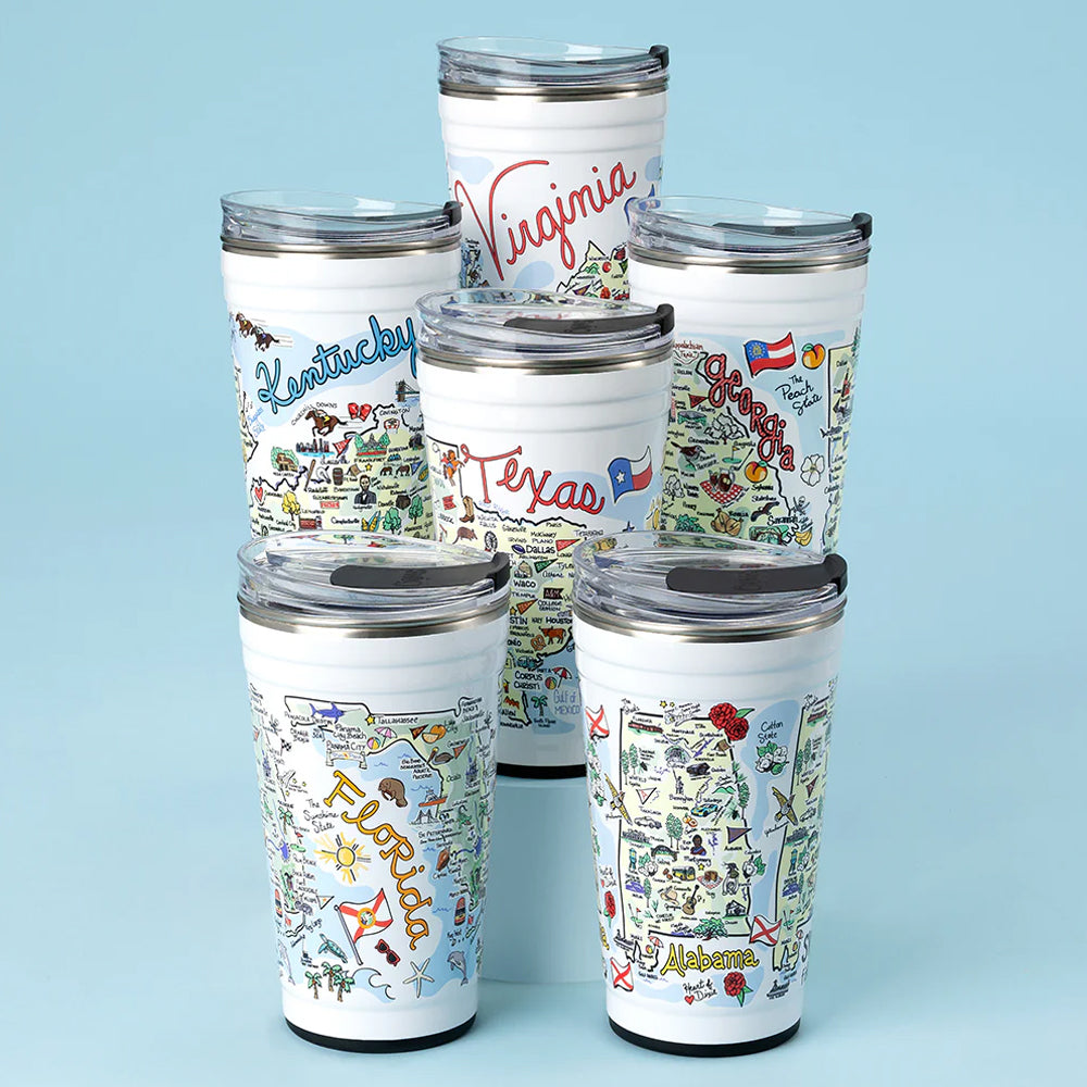 Set of tumblers with state-themed designs on a light blue background
