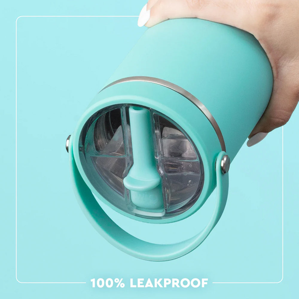 Turquoise tumbler with a clear lid held by a hand on a light blue background, featuring '100% Leakproof' text.