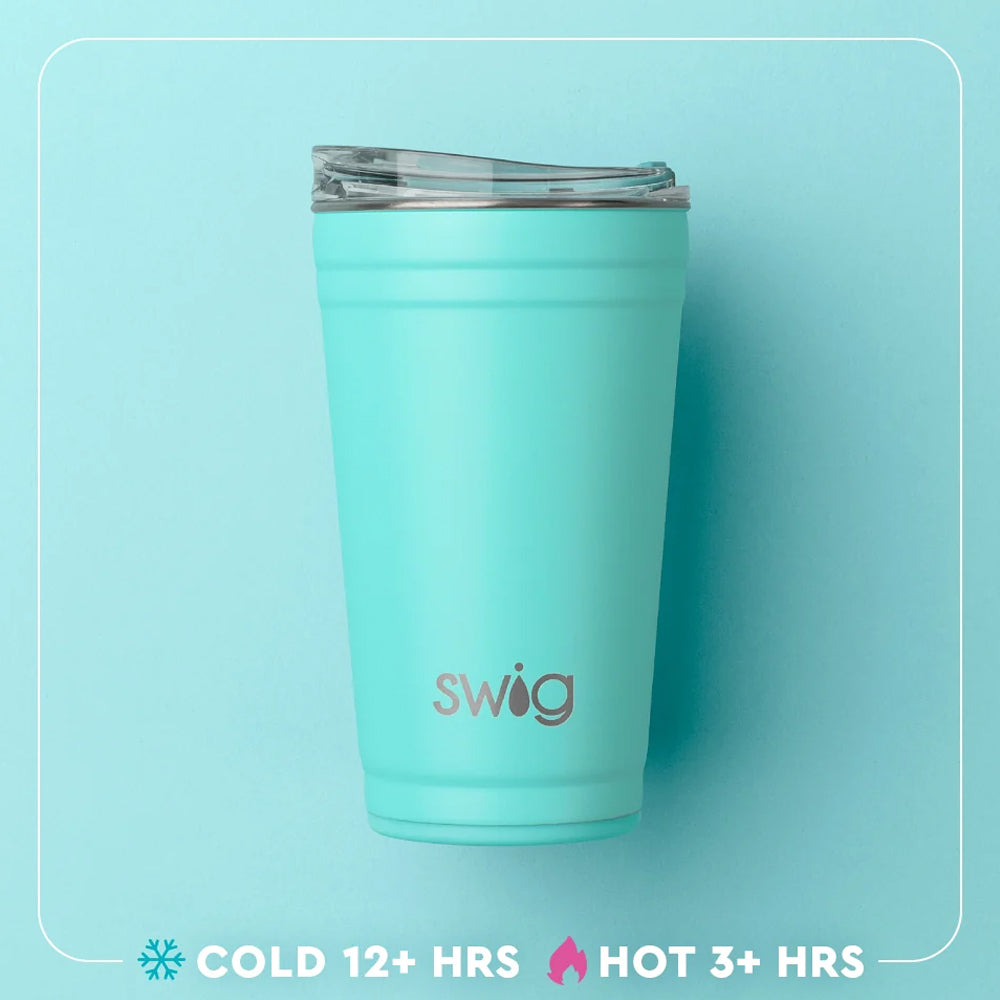 A mint green insulated travel tumbler with a clear lid, featuring the 'swig' logo on the front. The tumbler is set against a matching light blue background with a white decorative border.