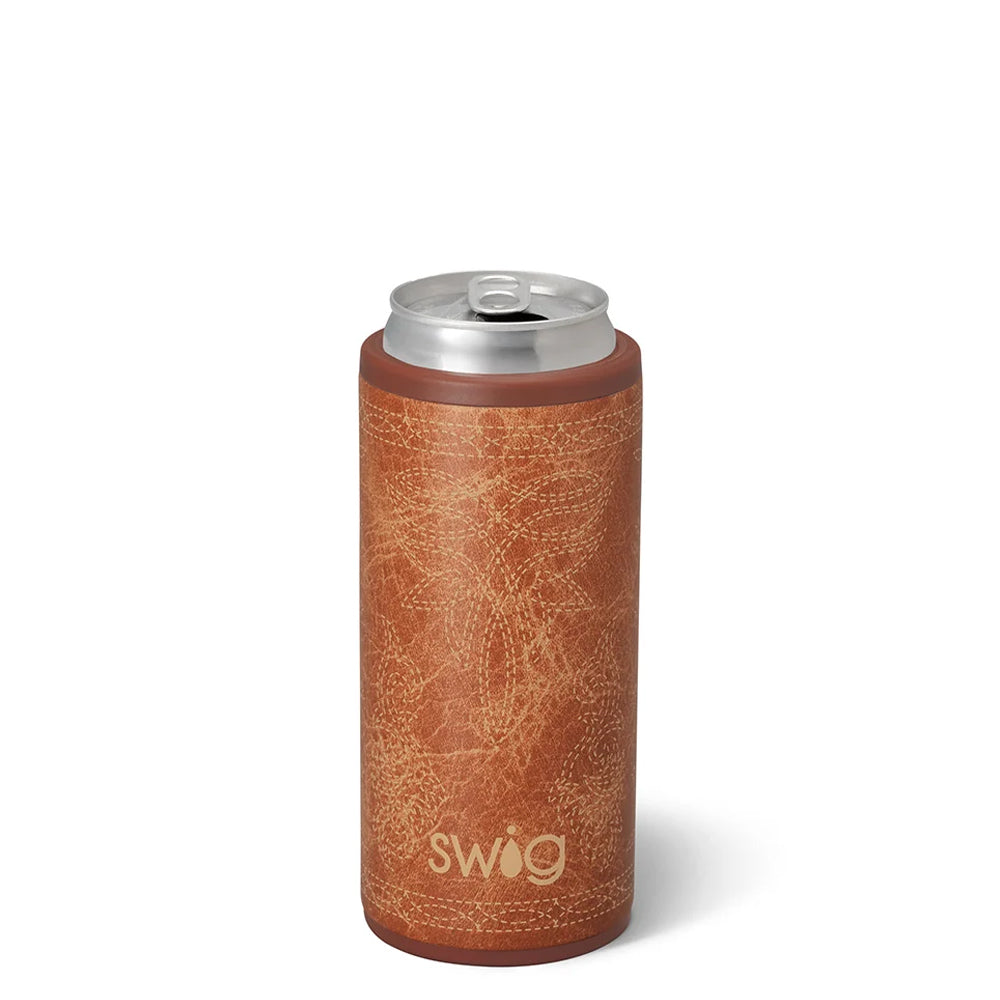 A brown insulated can cooler sleeve with a light tan map pattern and the Swig logo, shown on a silver aluminum can against a white background.