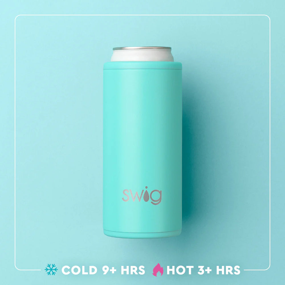 Turquoise Swig insulated can holder on a light blue background