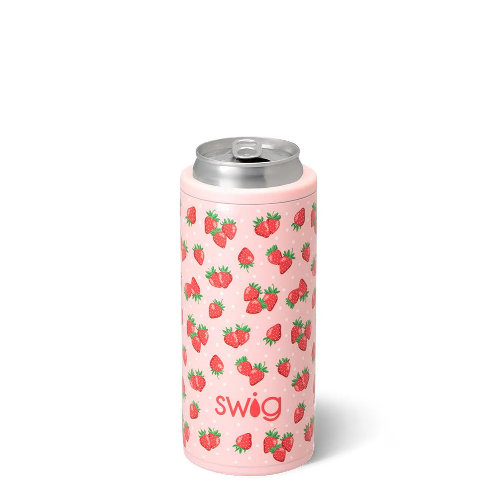 Pink can cooler with strawberry pattern and 'swig' branding on a white background