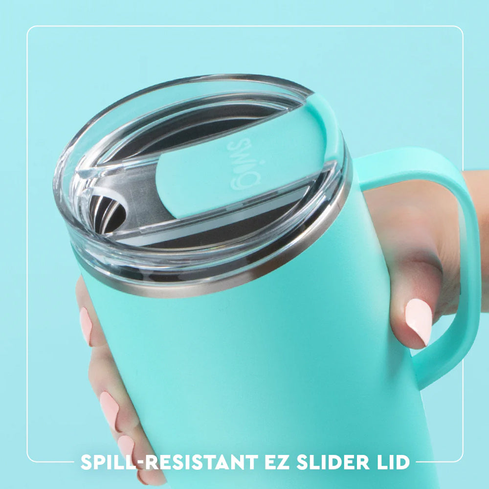 Turquoise tumbler with spill-resistant EZ slider lid held by a hand against a light blue background