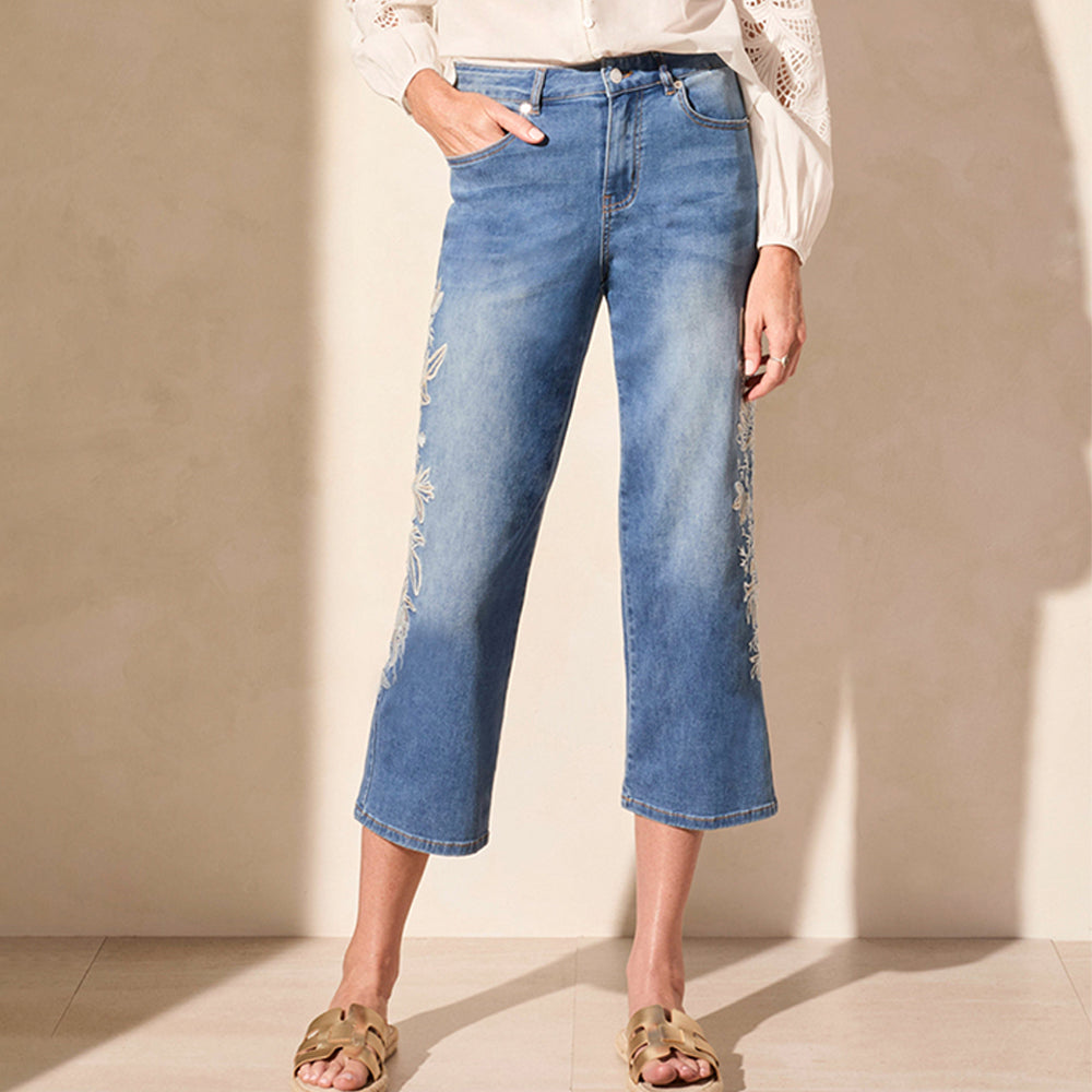 Tribal Clothing Co Audrey Girlfriend Crop Jeans with embroidery-Realblue