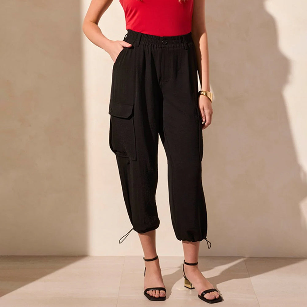 Tribal Clothing Co Flowy Cargo Pant with Bungee Cord-Black