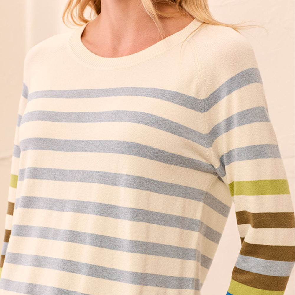 A close-up of a person wearing a long-sleeve knit top with horizontal stripes in cream, light blue, olive green, and brown.