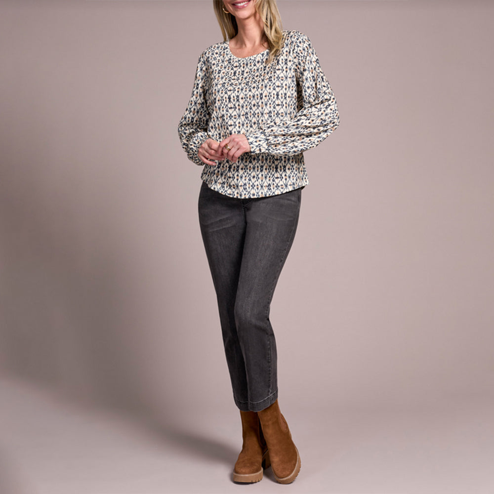 Tribal Clothing Co Long Sleeve Crew Neck Top W/Shirttail-Icelatte