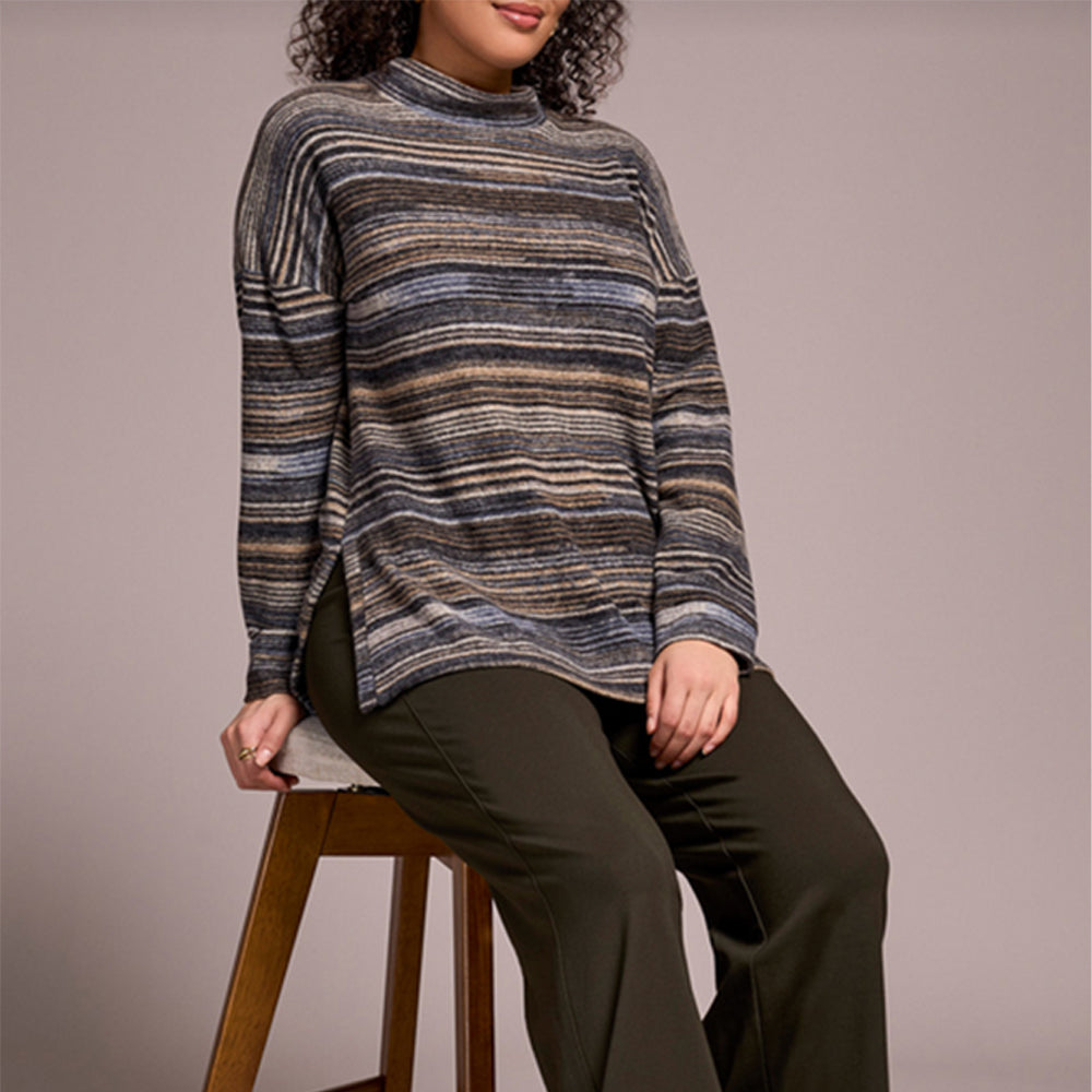 Tribal Clothing Co Long Sleeve Mock Neck Top W/Side Slits-Marine